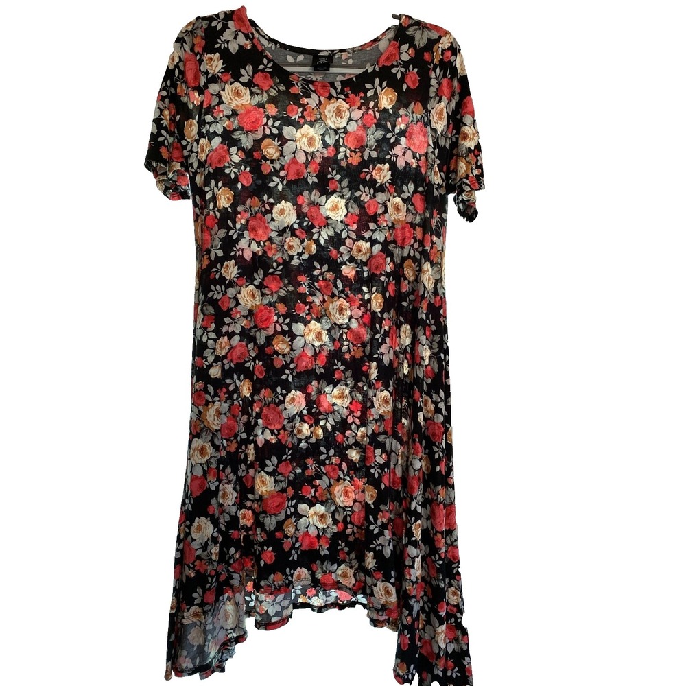 Agnes & Dora Womens Black Floral Dress Size L Knee Asymmetrical Short Sleeve